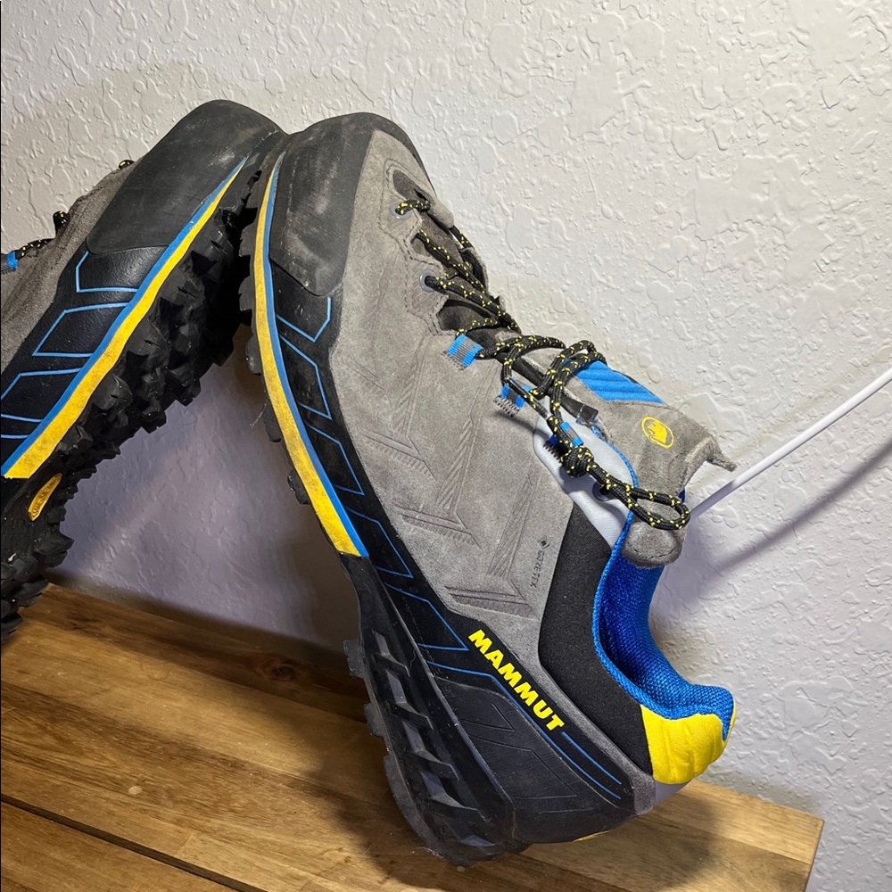 Mammut Gray and Blue Hiking Shoes with Yellow Accents